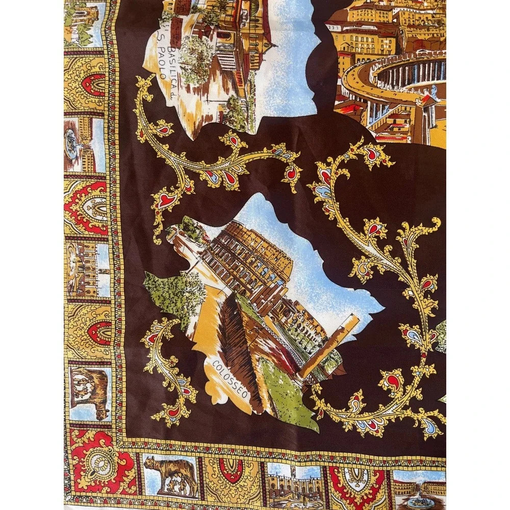 Vintage Roma Italy Souvenir Square Scarf Brown Gold Landmark Print Travel Gift